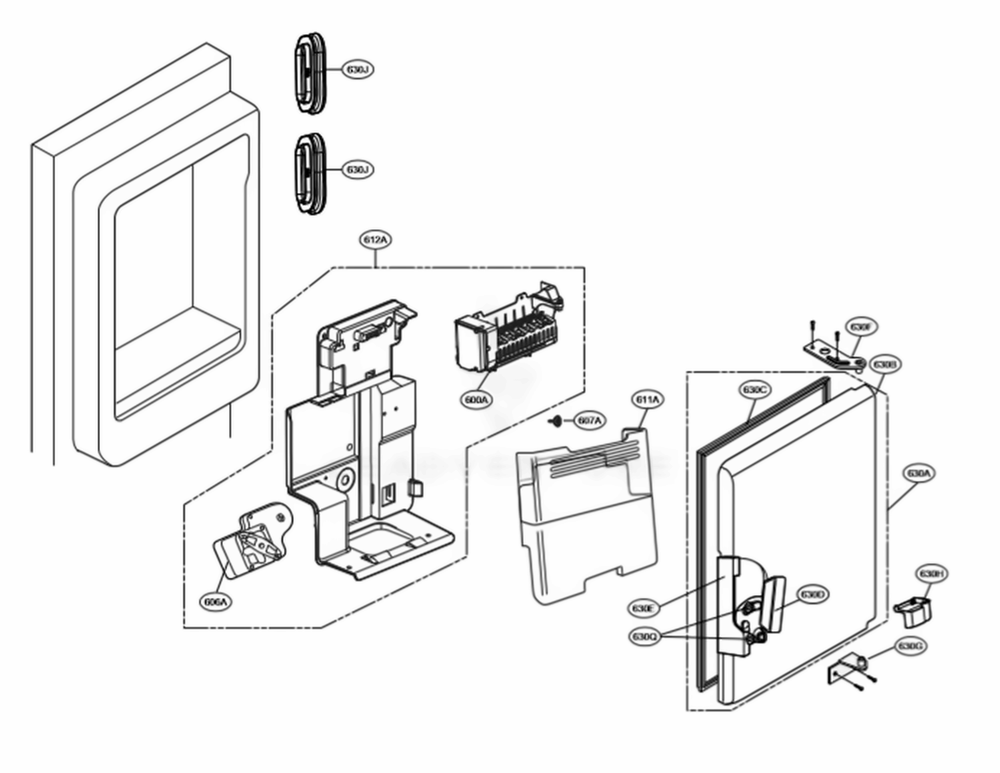 Ice Maker And Ice Bin Parts Diagram and Parts List for LSFD2491ST ASTCNA0 LG Refrigerator