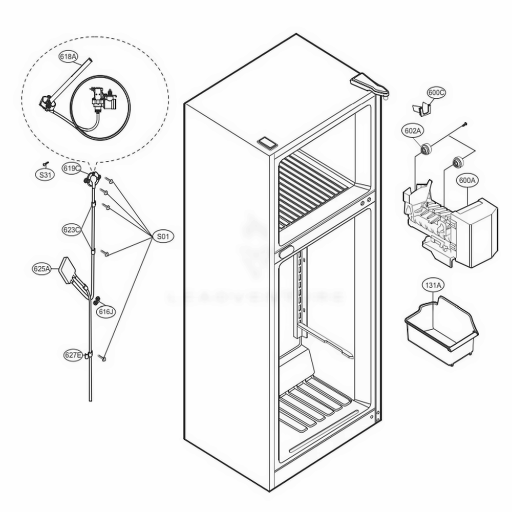 Ice Maker Parts Diagram and Parts List for 79432 ASWCSE7 LG Refrigerator