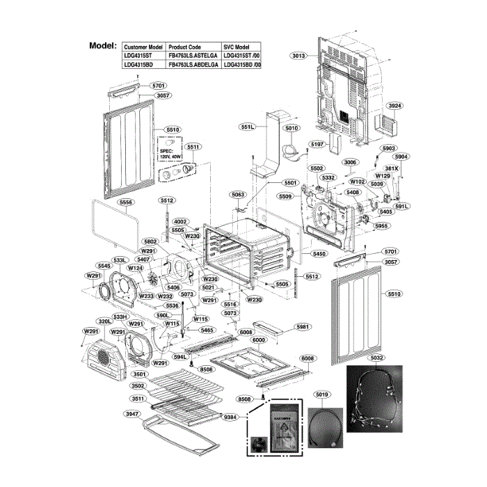 Lower Cavity Diagram and Parts List for LDG4315BD 00 LG Range
