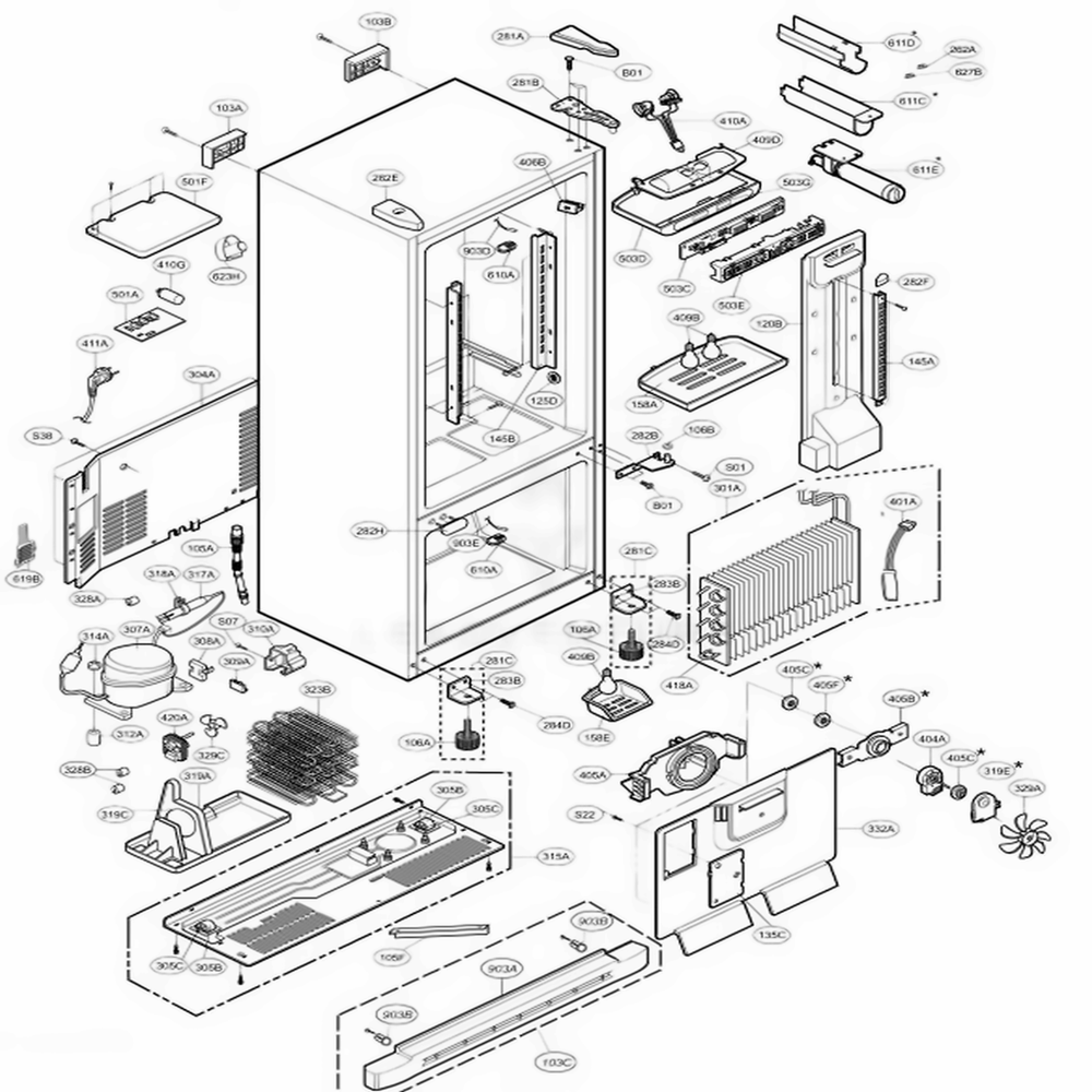 Case Parts Diagram and Parts List for LRDC20731SW ASWCLGY LG Refrigerator
