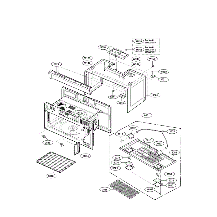 Oven Cavity Diagram and Parts List for LMV2015ST 00 LG Microwave Oven Combo
