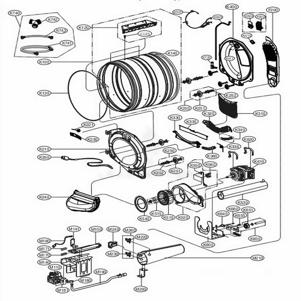 Drum And Motor Assembly: Gas Type Diagram and Parts List for DLGX3901W ABWEEUS LG Dryer