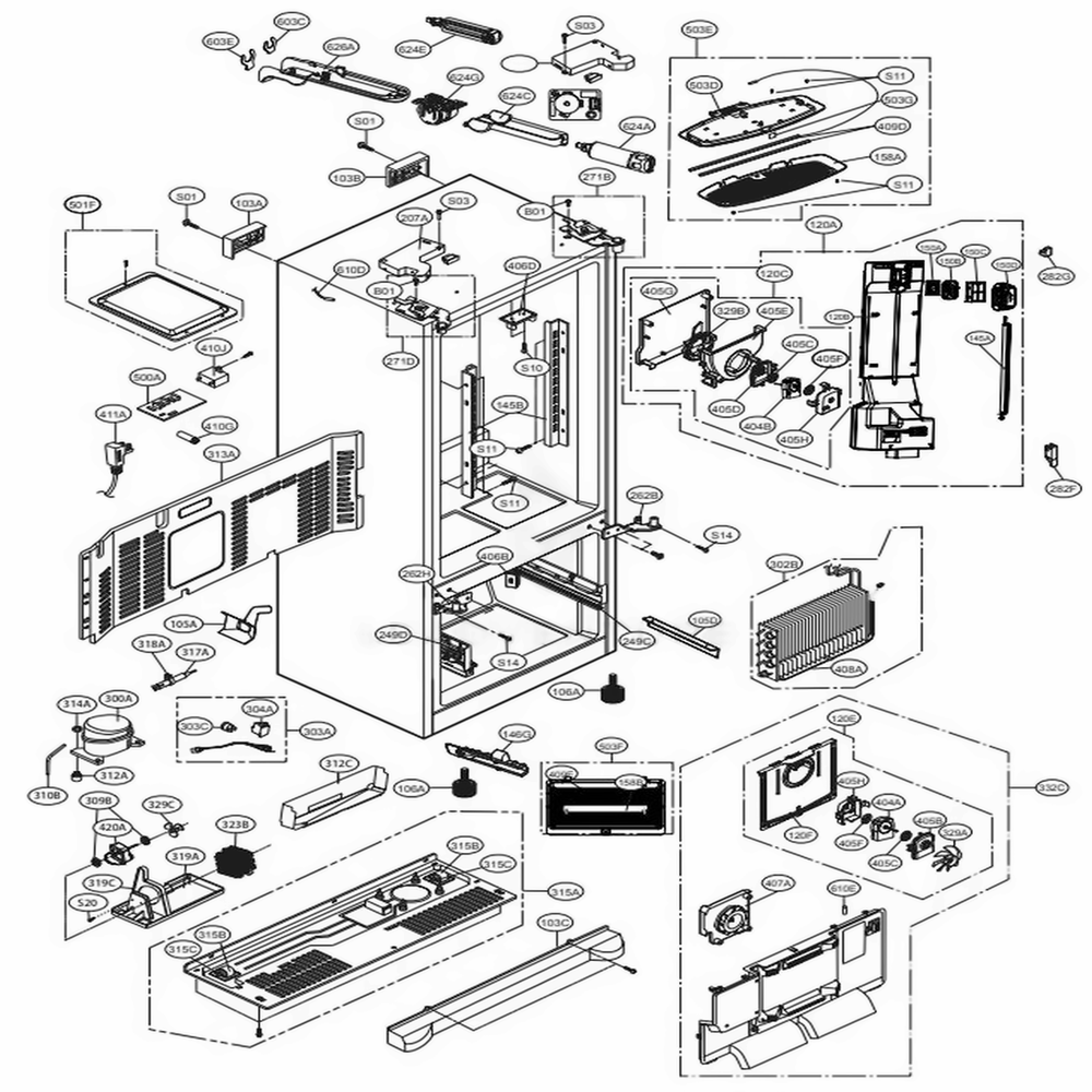 Case Parts Diagram and Parts List for 73053 ASTCSE0 LG Refrigerator