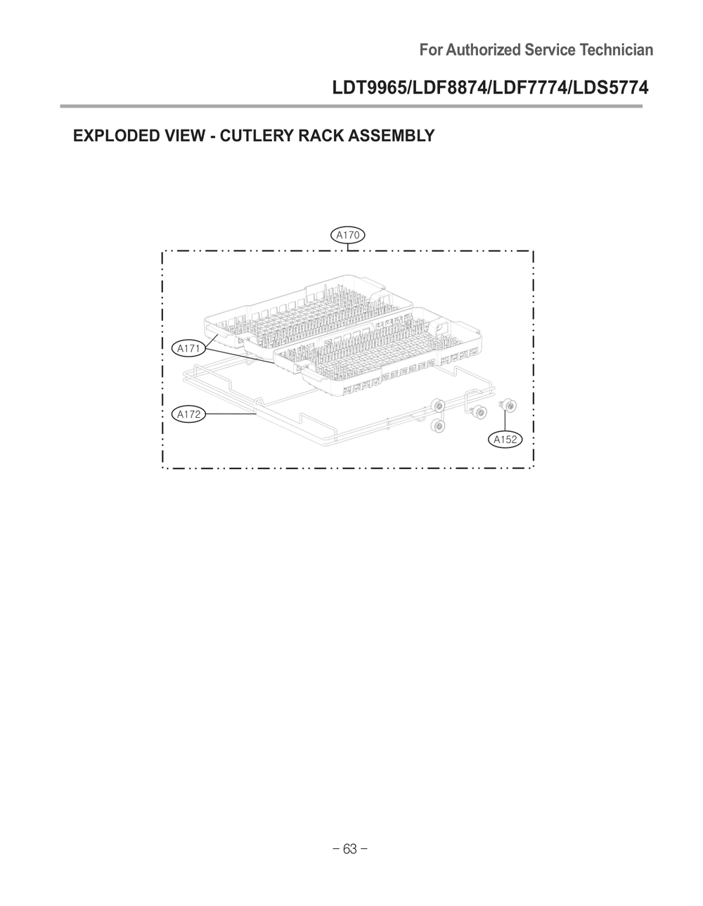 Cutlery Rack Assembly Diagram and Parts List for D1426DB1 ABDEEUS LG Dishwasher