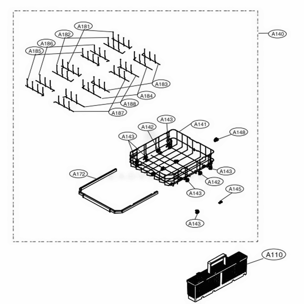 Lower Rack Assembly Diagram and Parts List for LDP7708ST ASTESNA LG Dishwasher