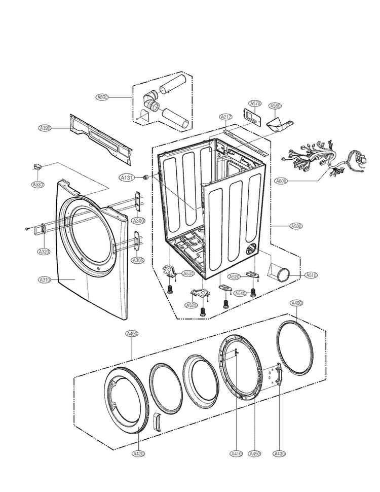 Cabinet And Door Assembly Parts Diagram and Parts List for CDE3379WD  LG Dryer