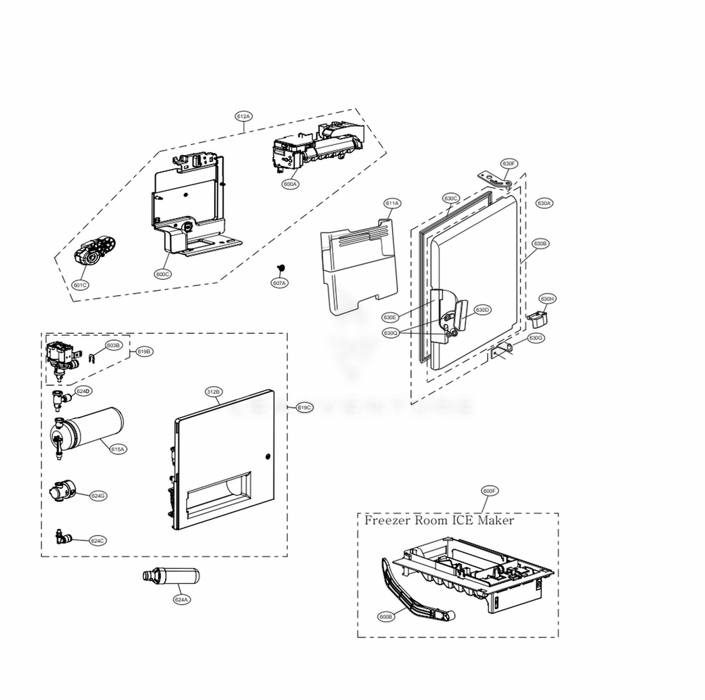 Ice Maker And Ice Bin Parts Diagram and Parts List for LRFXC2406D ASBCNA1 LG Refrigerator