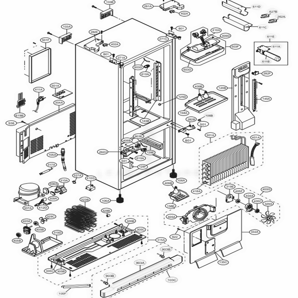 Case Parts Diagram and Parts List for 78359 AWBCSEF LG Refrigerator