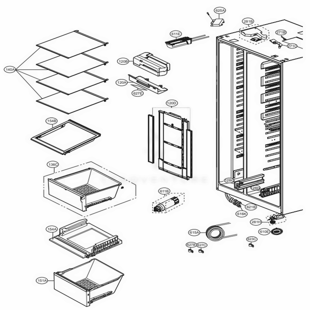 Refrigerator Compartment Diagram and Parts List for 51869 AWBCSE1 LG Refrigerator
