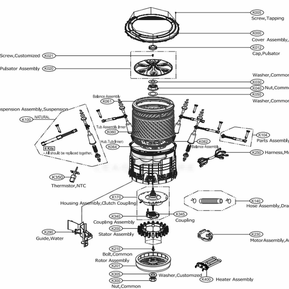 Tub Assembly Diagram and Parts List for WT7710HVA ASSEEUS LG Washer
