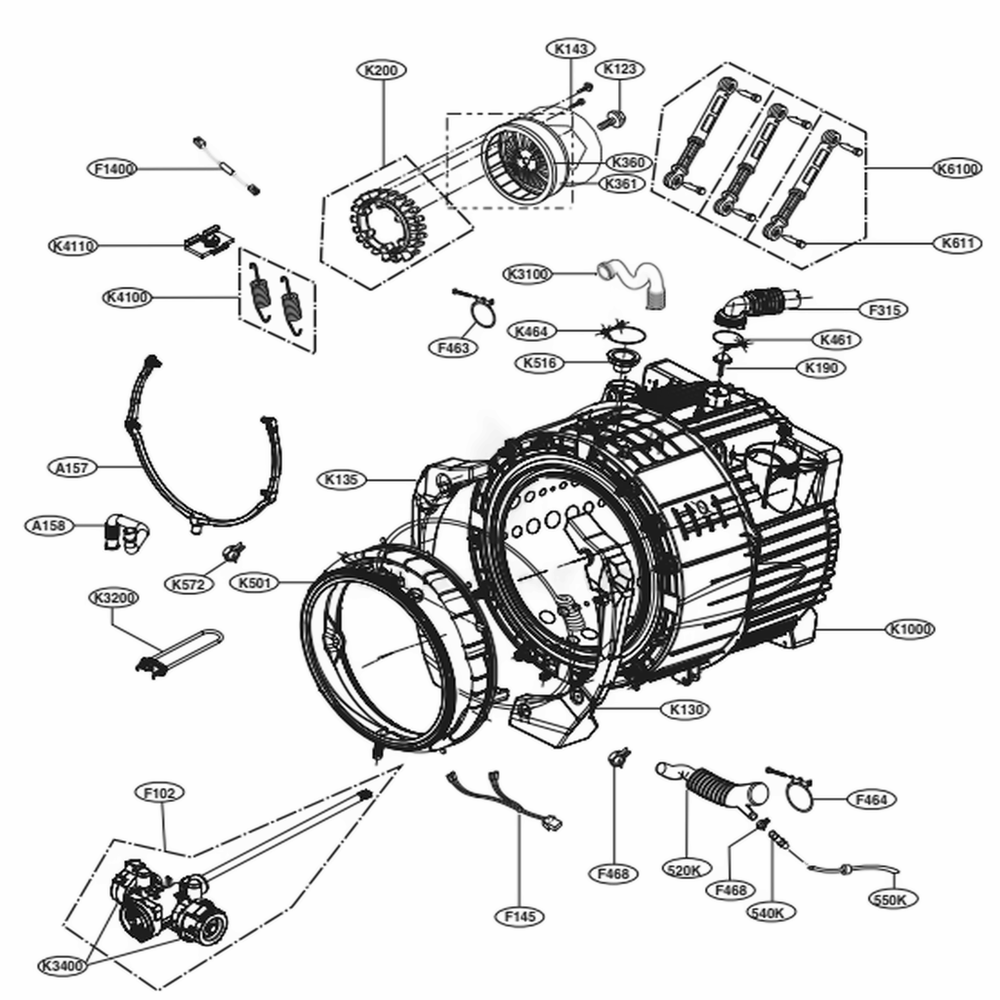 Drum And Motor Assembly 2 Diagram and Parts List for WKEX200HWA ABWEEUS LG Washer Dryer Combo