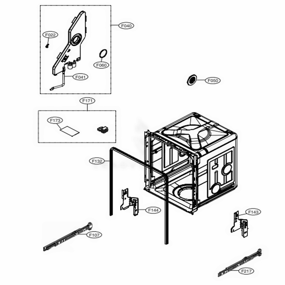 Tub Assembly Diagram and Parts List for 13383 ASTESEU LG Dishwasher