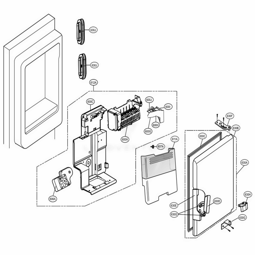 Ice Maker And Ice Bin Parts Diagram and Parts List for 74025 ANSCSE1 LG Refrigerator