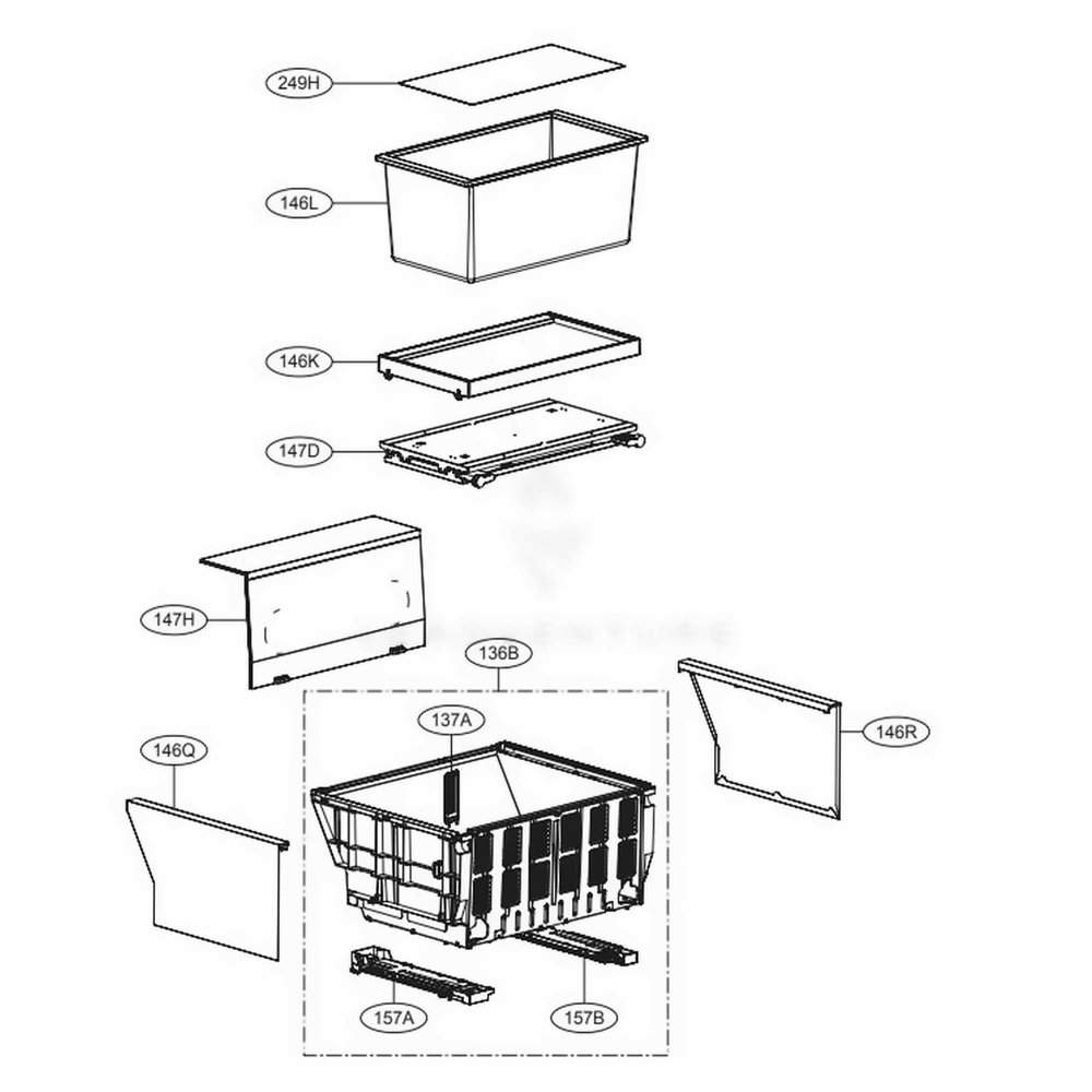 Bottom Compartment Drawer Diagram and Parts List for URETC1408N AGRCNA0 LG Refrigerator