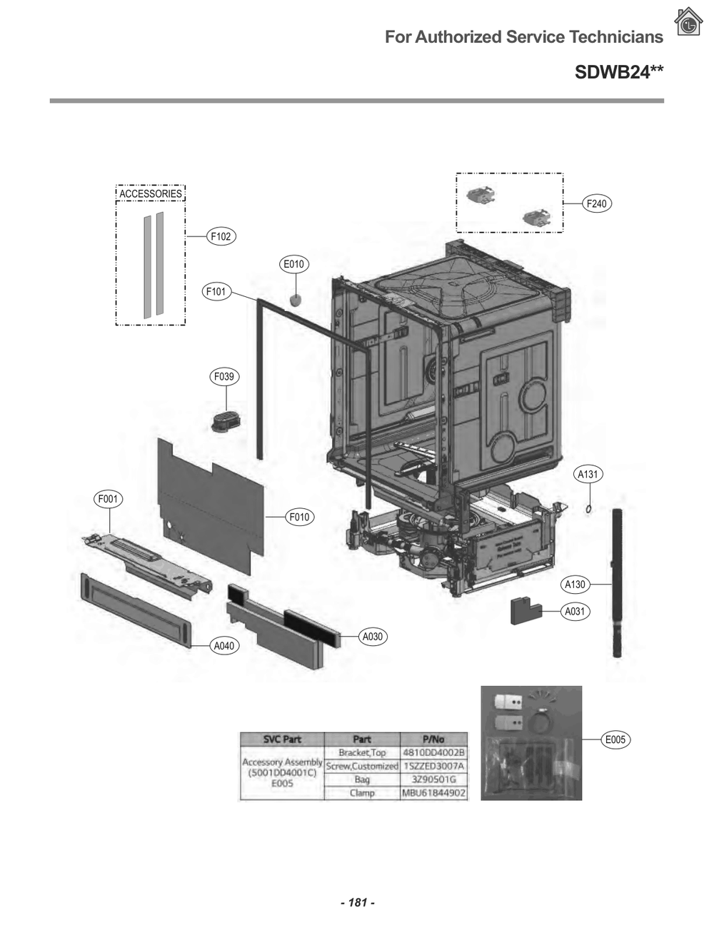 Accessories Diagram and Parts List for SDWB24W3 AEHESTA LG Dishwasher