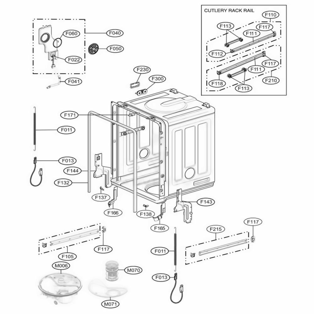 Tub Assembly Diagram and Parts List for 39232533 ASTEEUS LG Dishwasher