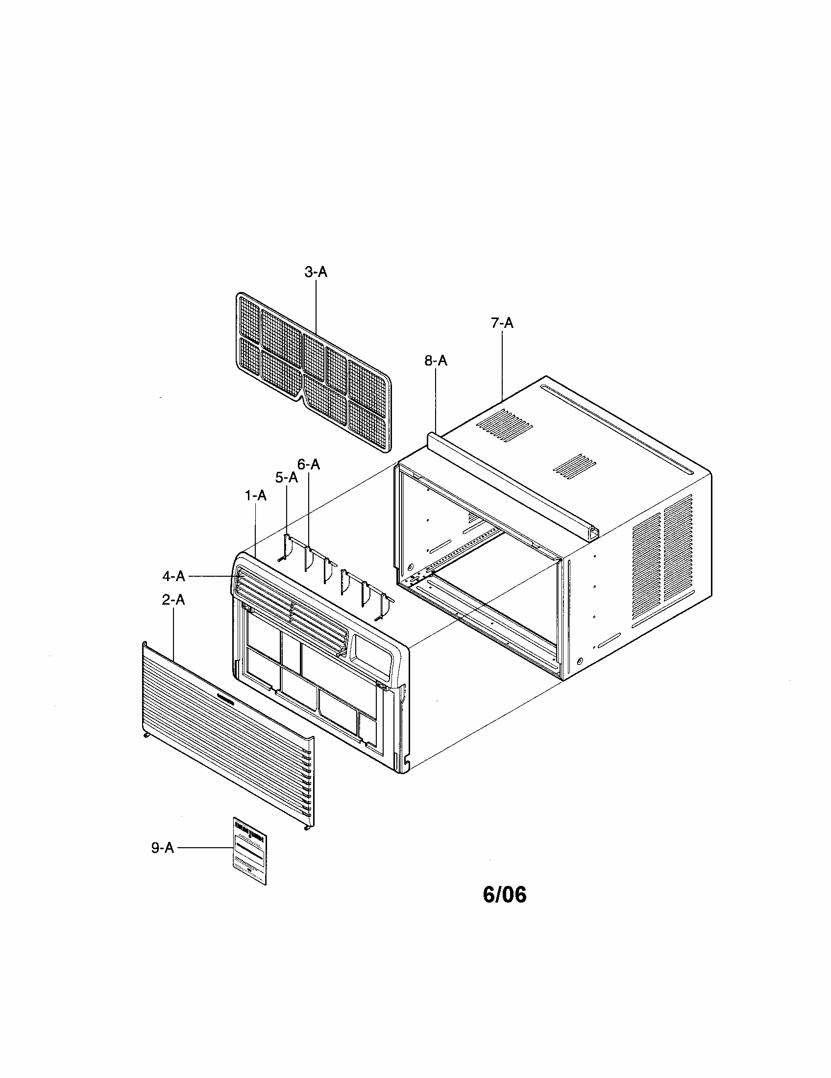 Cabinet & Front Grille Assembly Diagram and Parts List for 58076100500  Kenmore Air Conditioner