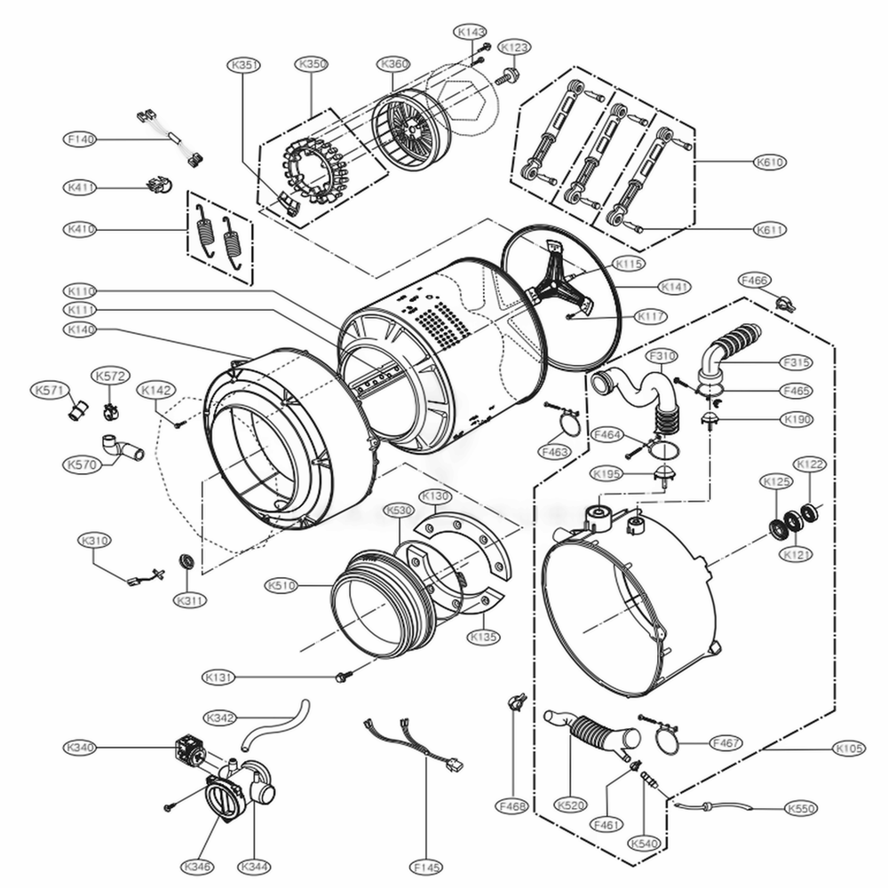 Drum And Tub Assembly Diagram and Parts List for WM2050CW ABWEEUS LG Washer