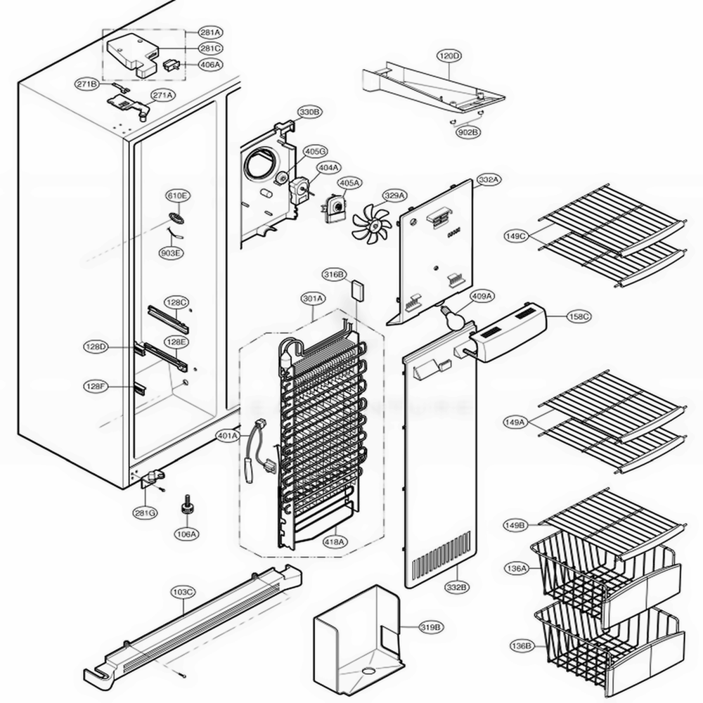 Freezer Compartment Diagram and Parts List for LSC27931SW ASW1LGA LG Refrigerator