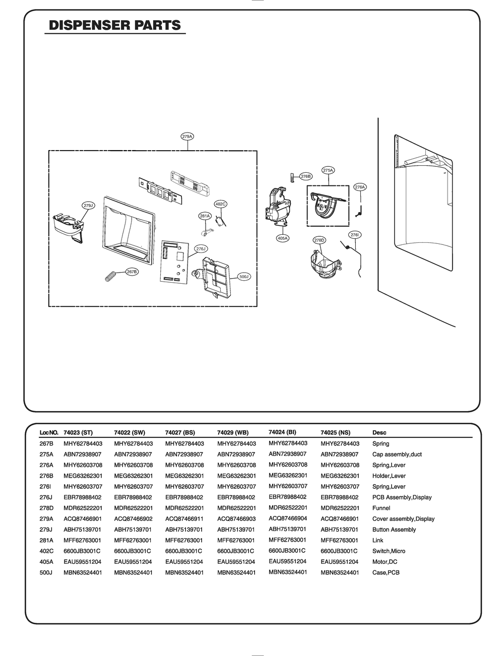 Dispenser Parts Diagram and Parts List for GR-L318LQTM AWBCSE2 LG Refrigerator