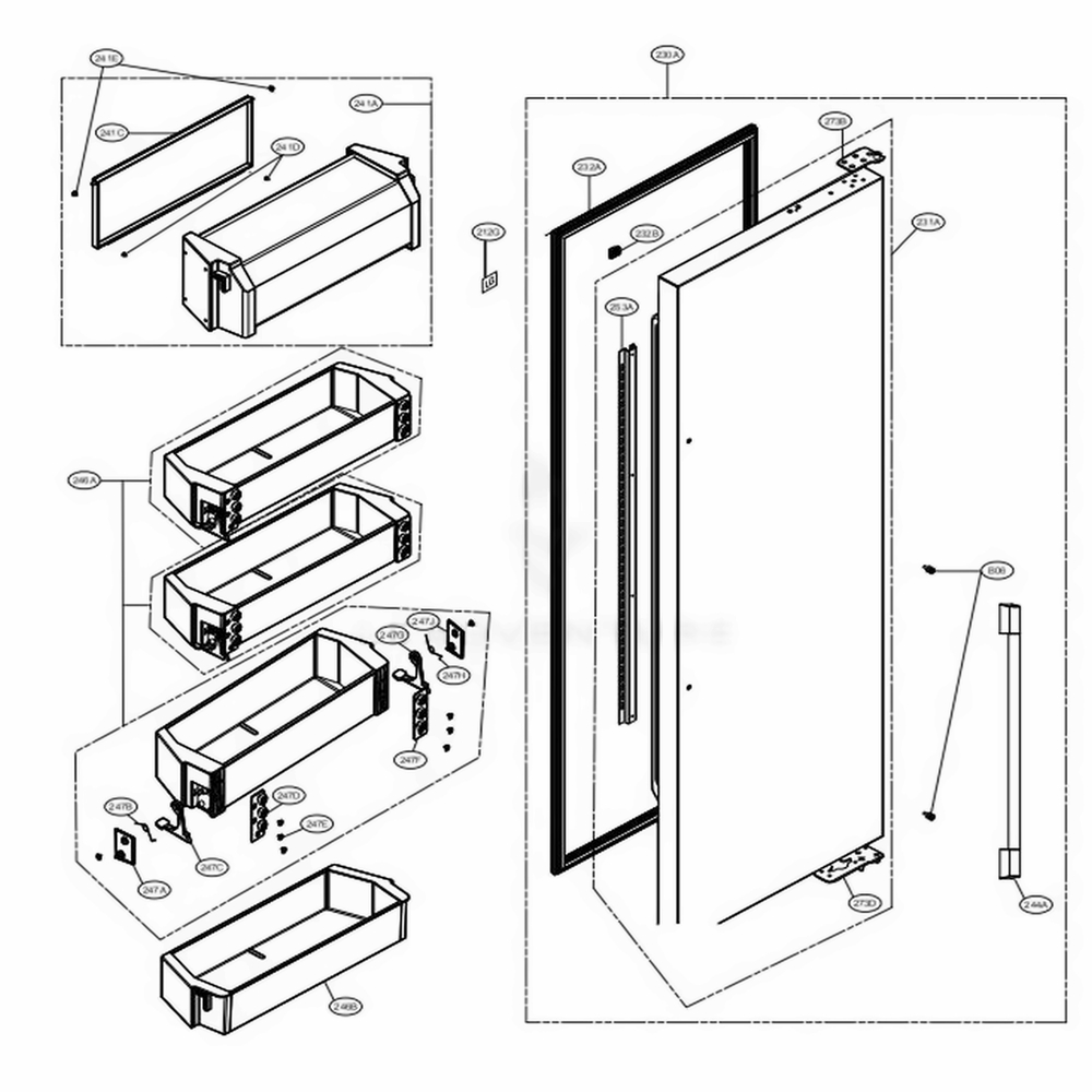 Refrigerator Door Part Diagram and Parts List for UPSXB2627S ASTCNA0 LG Refrigerator