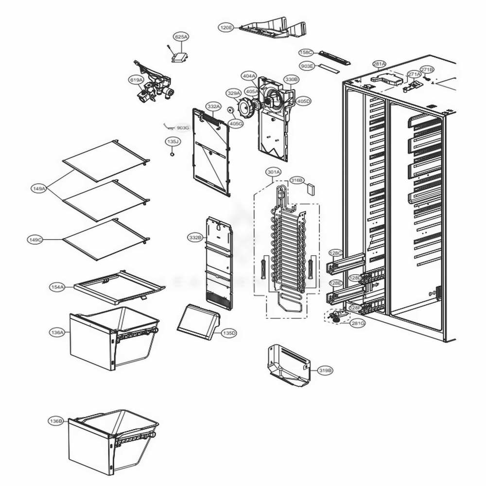 Freezer Compartment Diagram and Parts List for 51833 ASTCSE5 LG Refrigerator