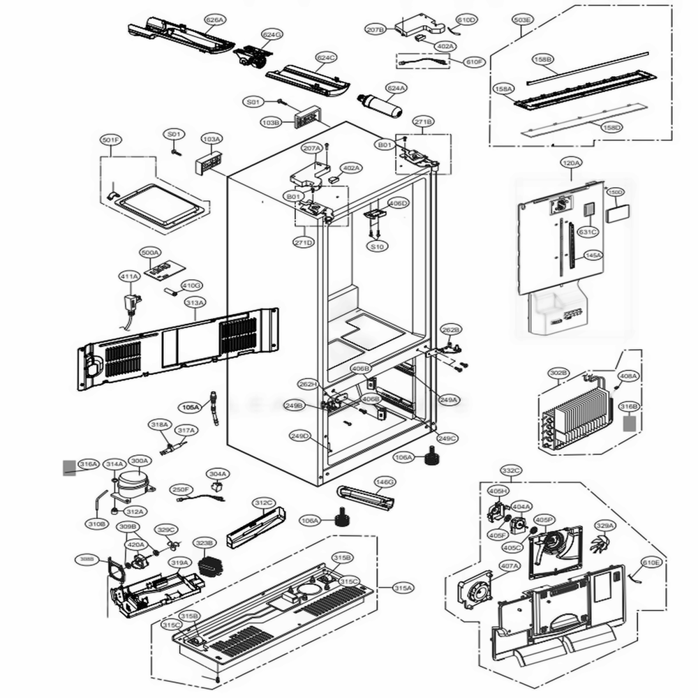 Case Parts Diagram and Parts List for LMXS28626D ASBCNA2 LG Refrigerator