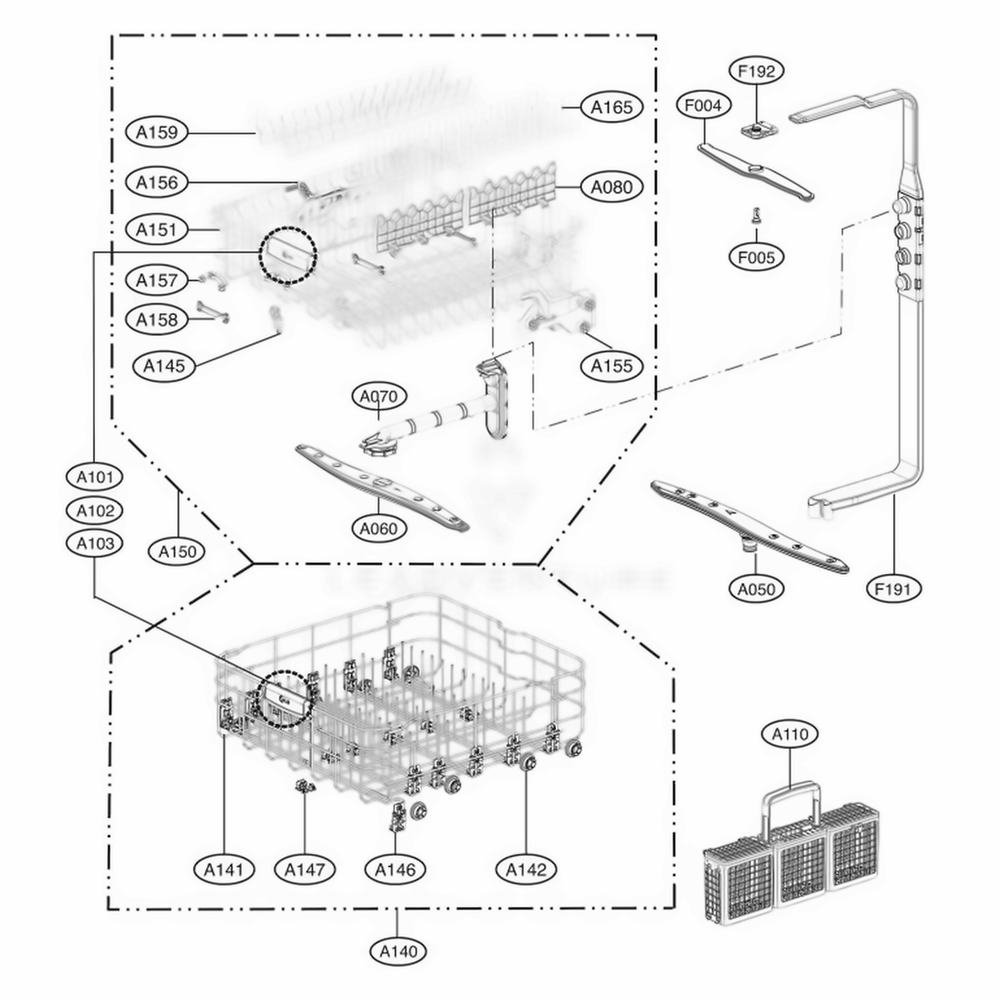 Rack Assembly Diagram and Parts List for 39232533 ASTEEUS LG Dishwasher