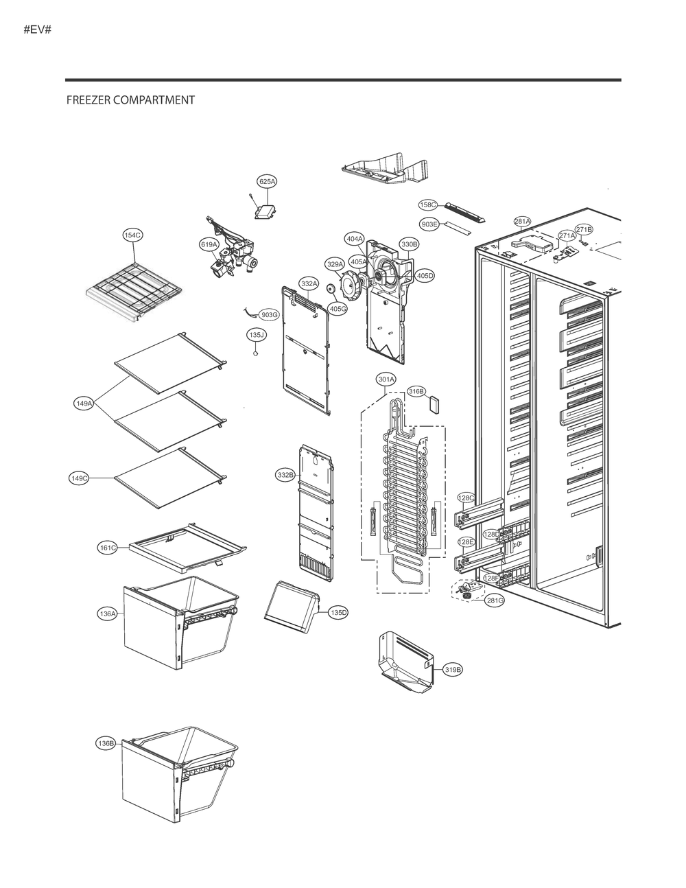 Freezer Compartment Diagram and Parts List for GM-X227NSTM ASTCNA6 LG Refrigerator