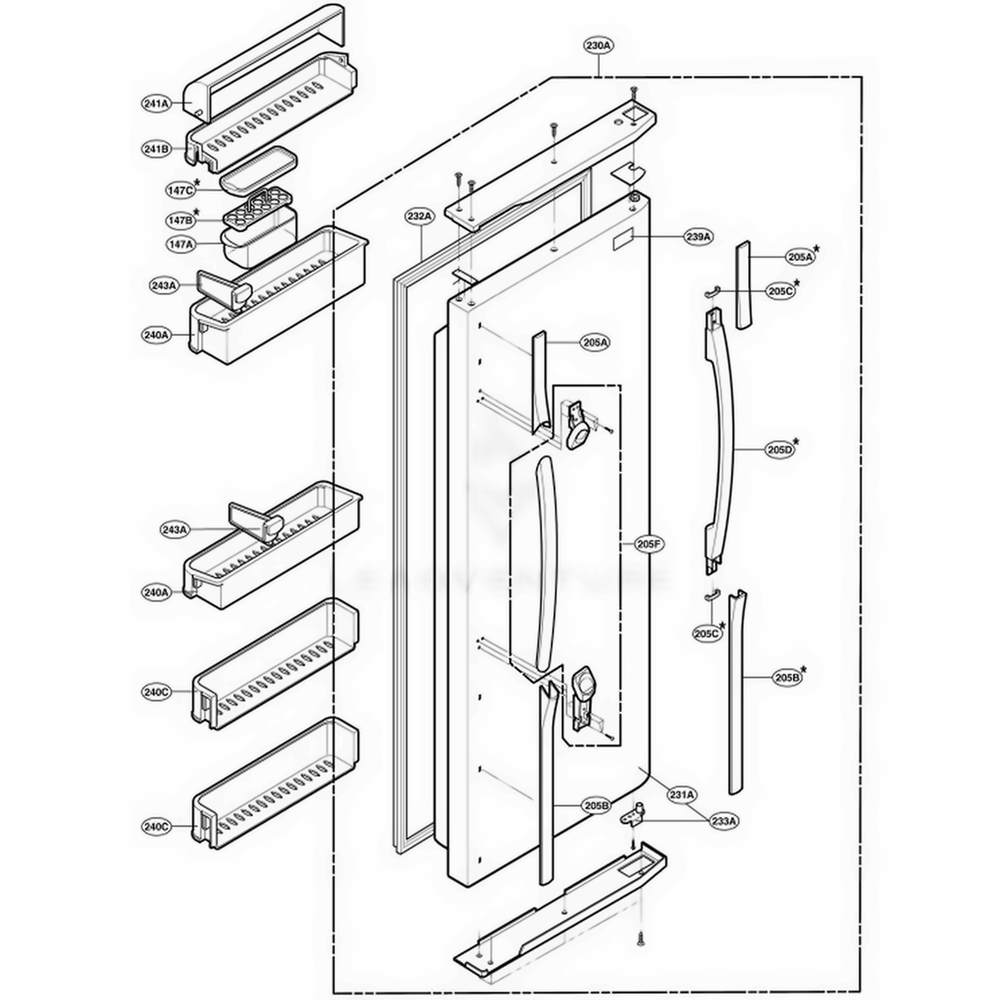 Refrigerator Door Part Diagram and Parts List for RCG20IERFWW ASWQRCA LG Refrigerator