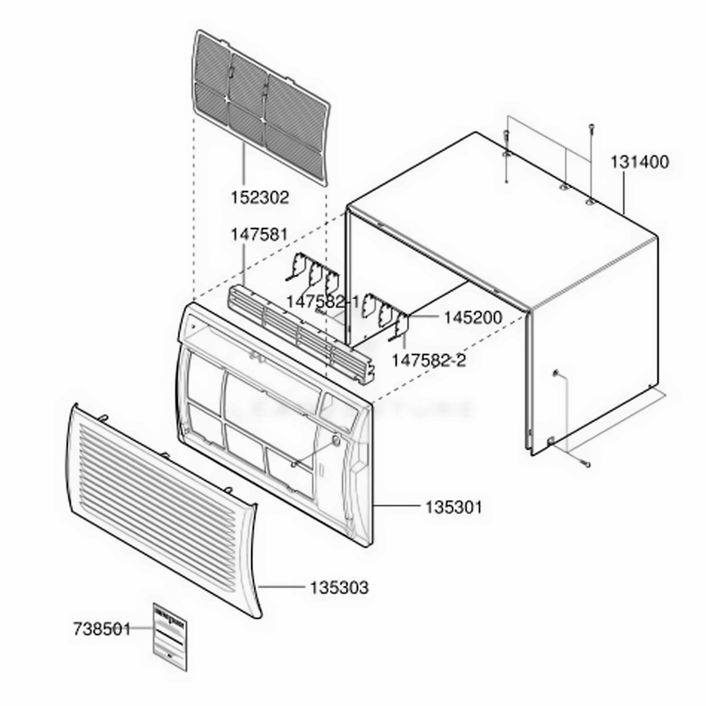 Cabinet And Front Grille Assembly Diagram and Parts List for 580 AWYBSRS LG Air Conditioner