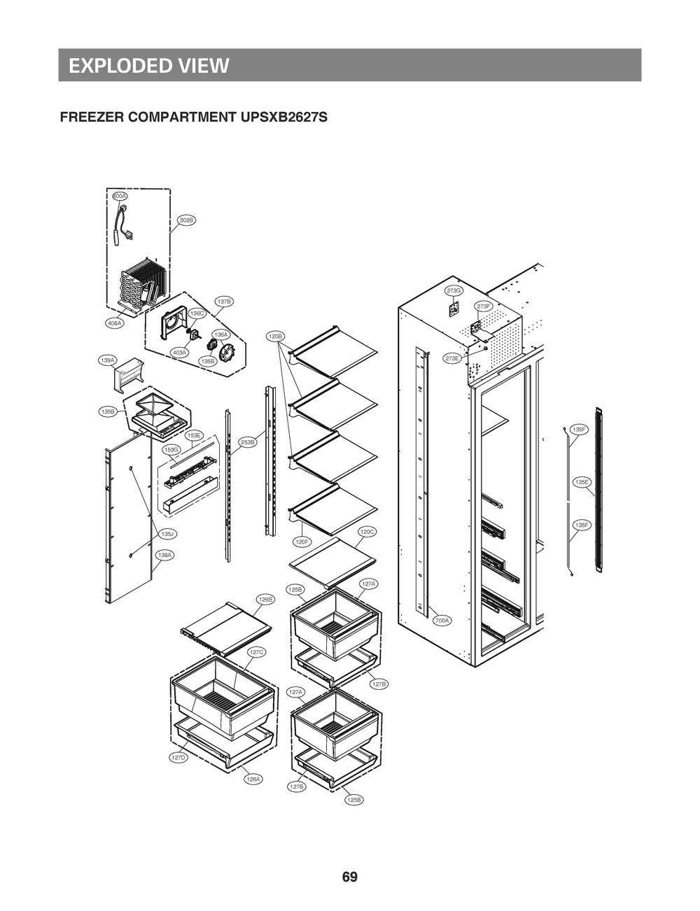Freezer Compartment Upsxb2627s Diagram and Parts List for GR-L276DSDM ASTCNA0 LG Refrigerator