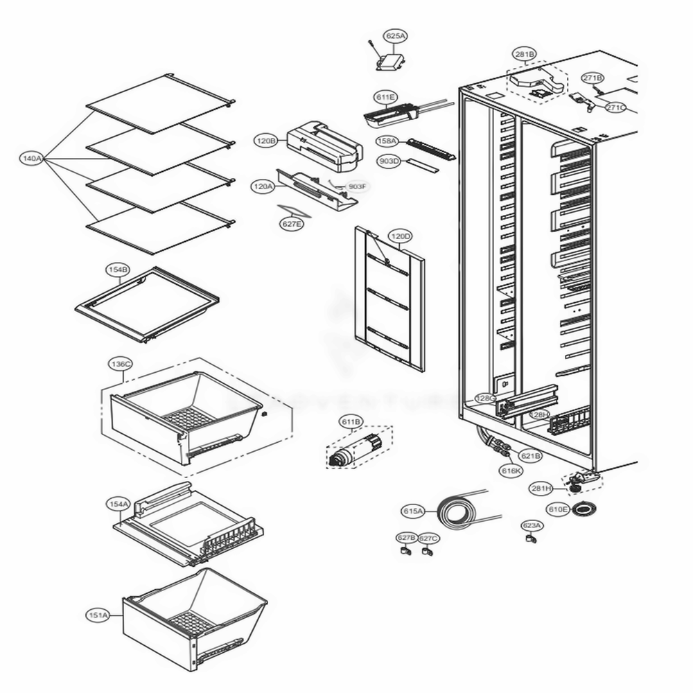 Refrigerator Compartment Diagram and Parts List for LSXC22396D ASBCNA3 LG Refrigerator