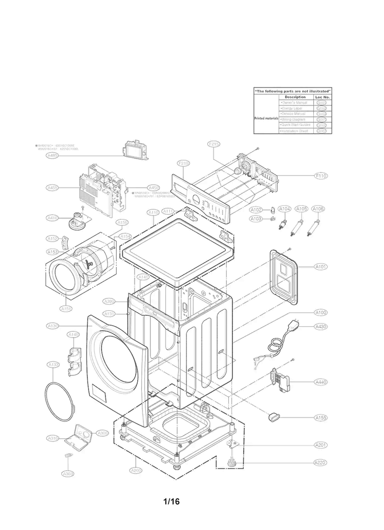 Cabinet And Panel Parts Diagram and Parts List for WM2016CW 00 LG Washer