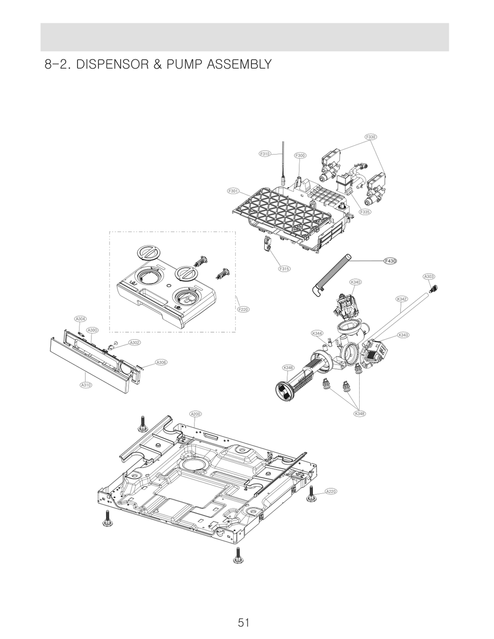 Dispensor And Pump Assembly Diagram and Parts List for FH6G1BAPK21 ABWEEUS LG Washer