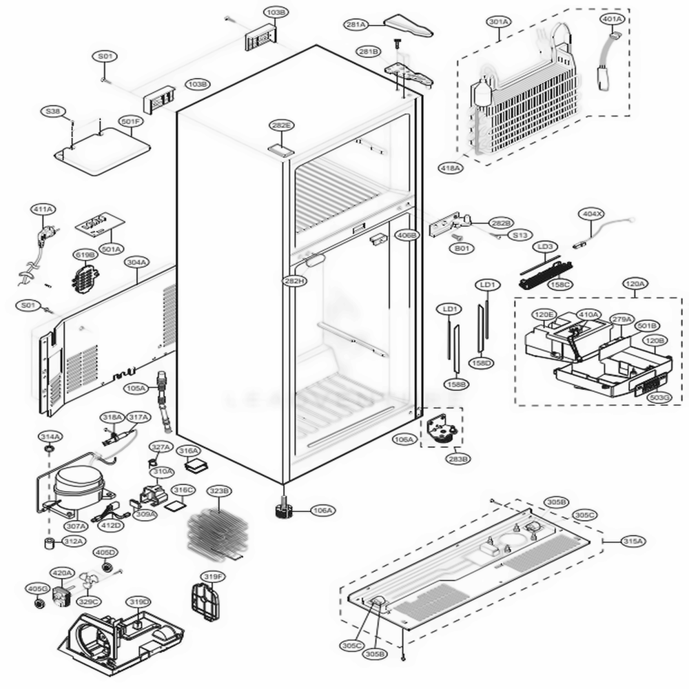 Case Parts Diagram and Parts List for 68033 ASTCSE5 LG Refrigerator