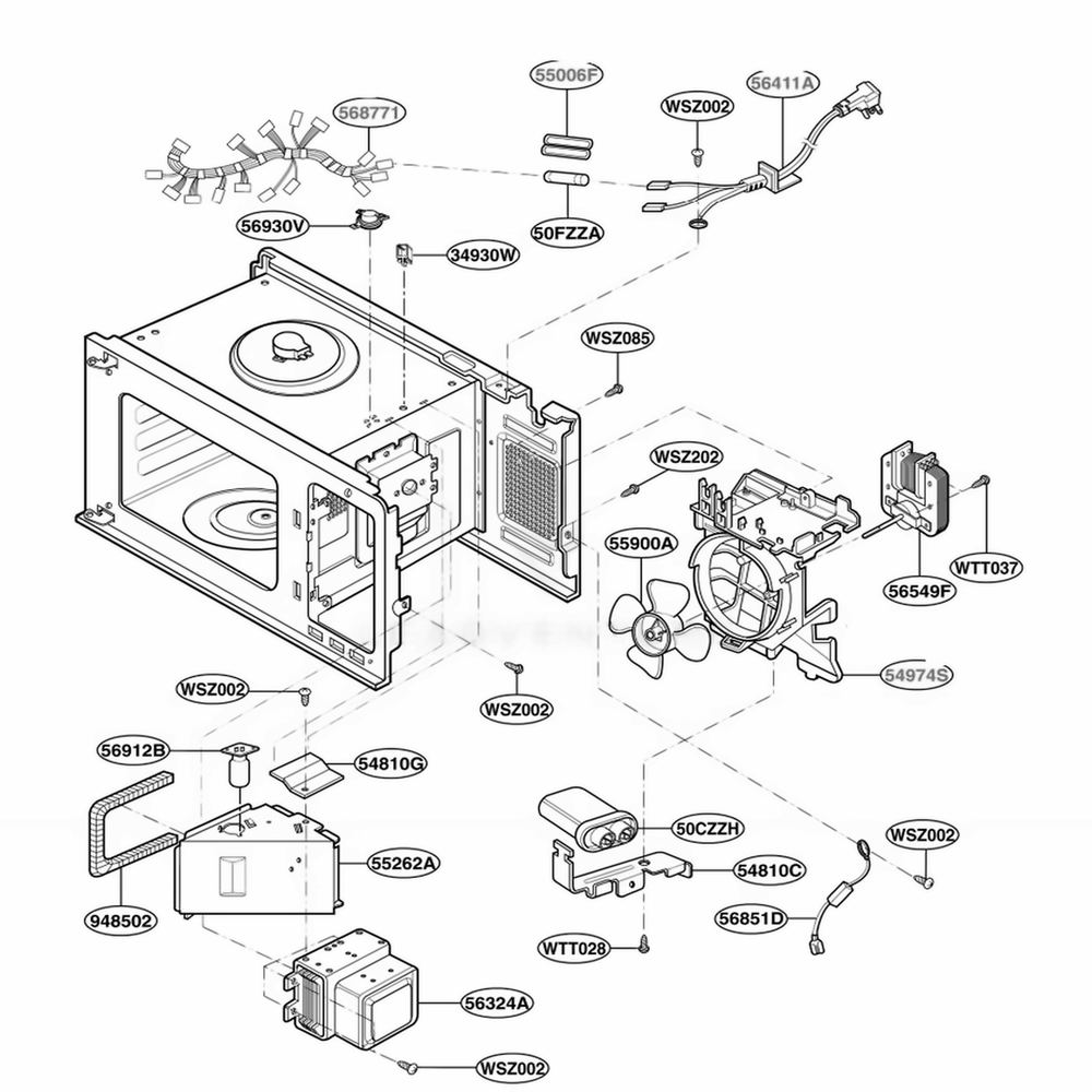 Interior Parts Diagram and Parts List for KCMS185JBL AB1EKAD LG Wall Oven