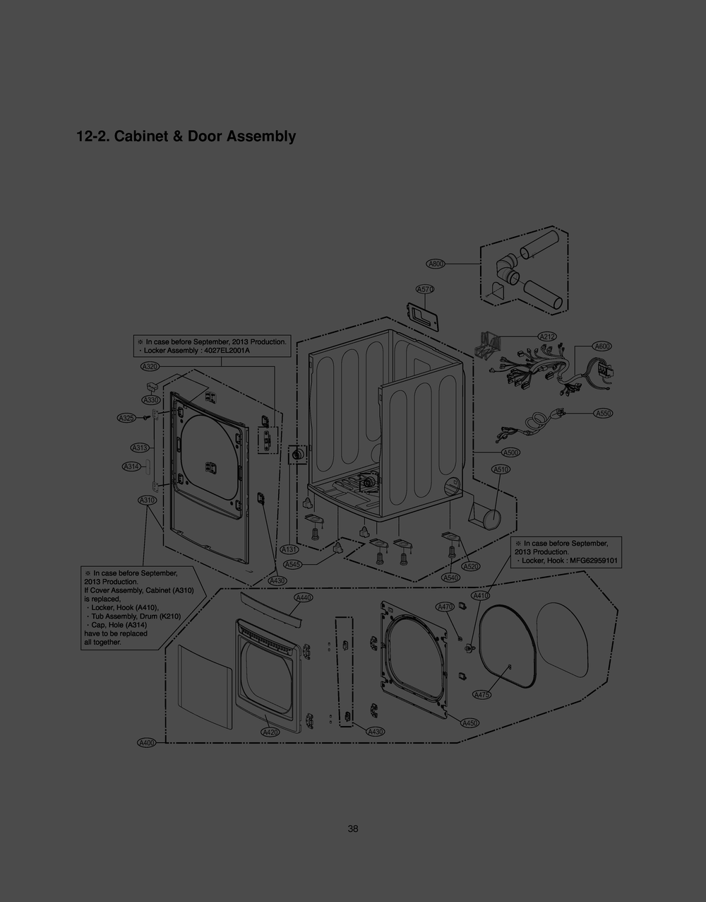 Cabinet And Door Assembly Diagram and Parts List for RV1385A ABWEEUS LG Dryer