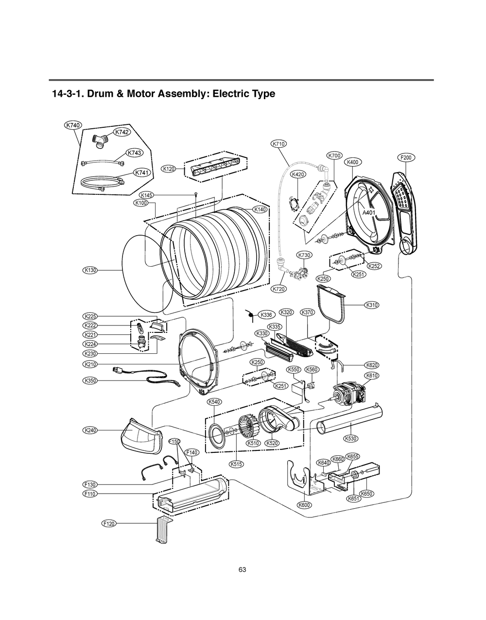 Drum And Motor Assembly Diagram and Parts List for RV13A4AS8 ABWESEU LG Dryer