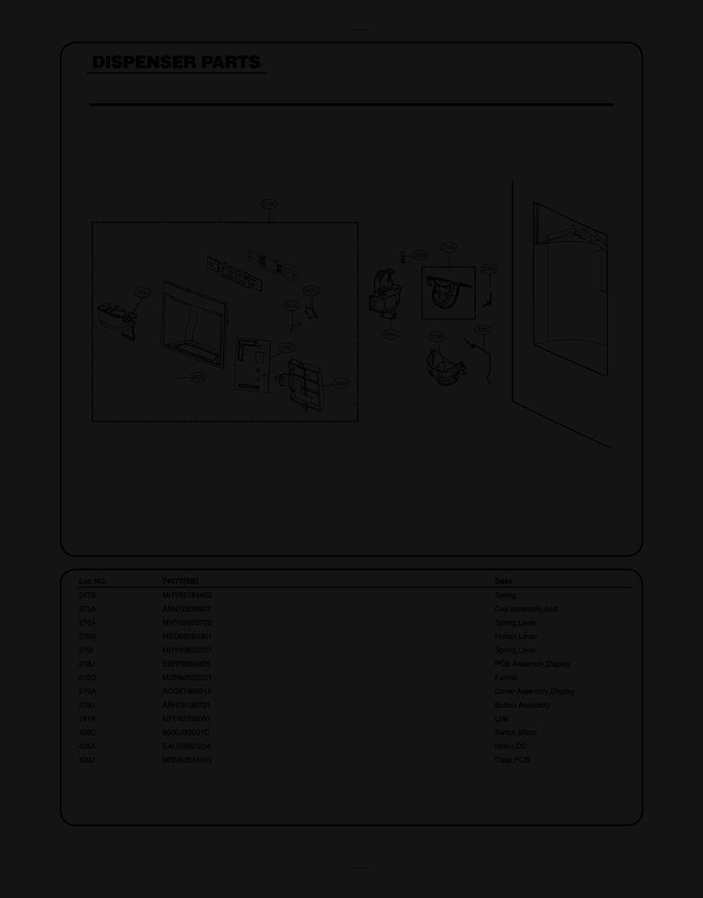 Dispenser Parts Diagram and Parts List for GR-X318LSTM ASTCSE0 LG Refrigerator