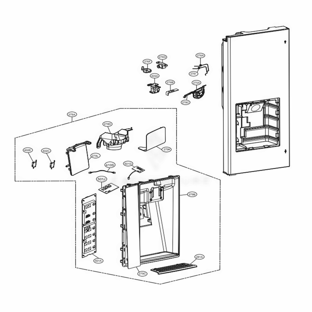 Dispenser Parts Diagram and Parts List for LMXS30796S ASTCNA0 LG Refrigerator
