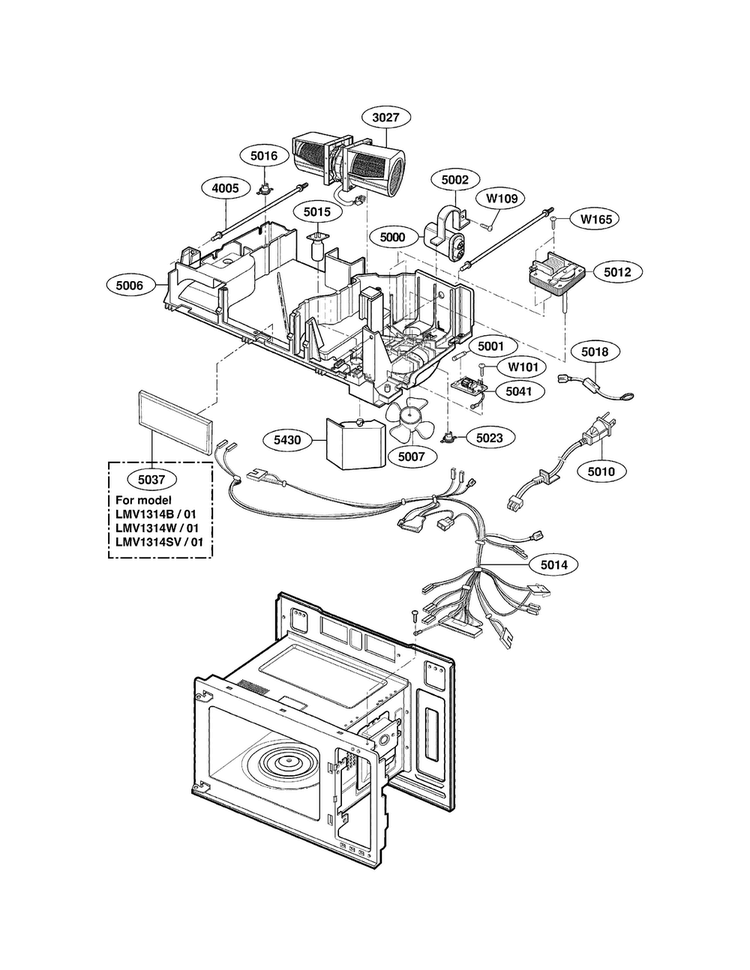 Interior Parts Diagram and Parts List for LMV1314B01  LG Microwave