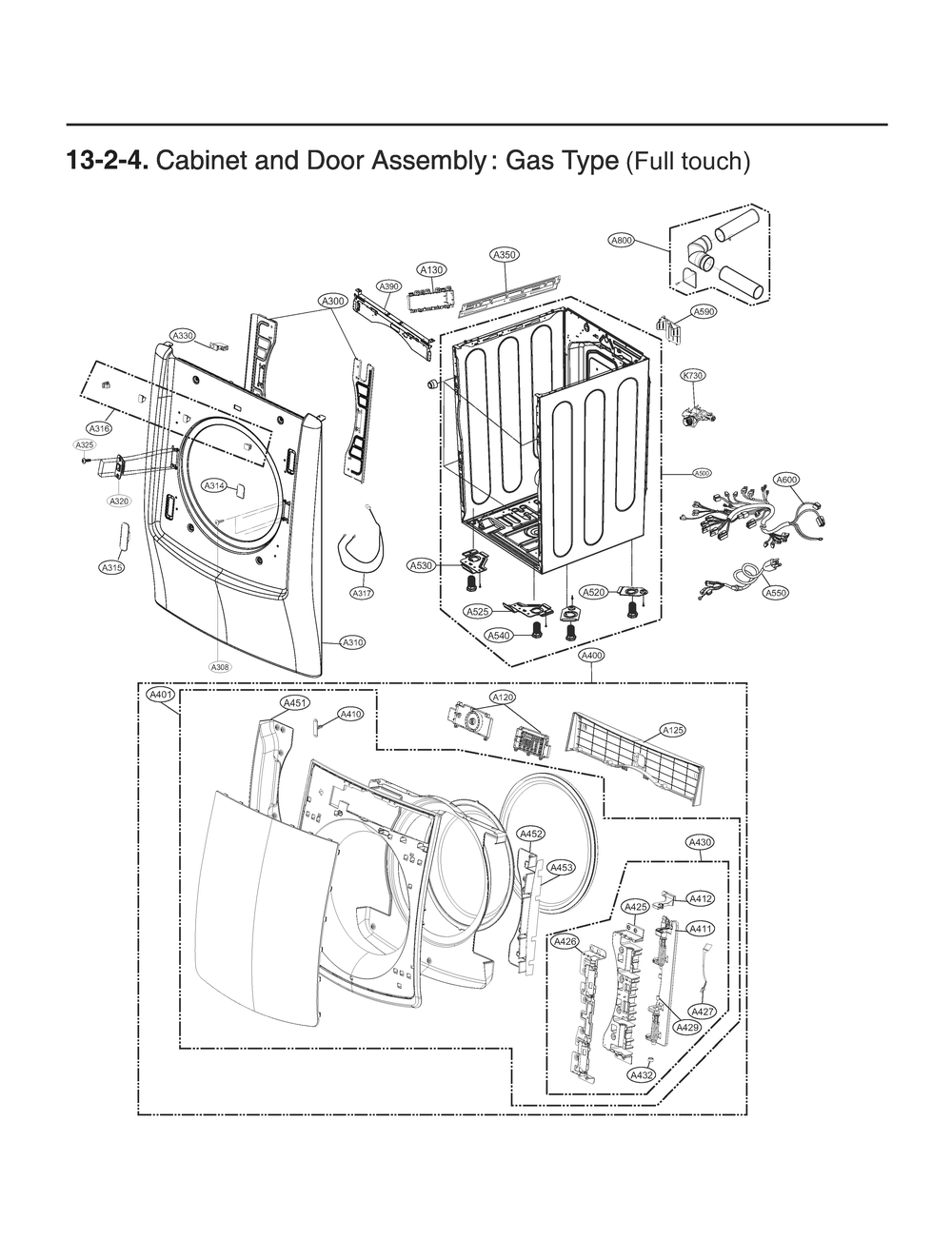 Cabinet And Door Assembly Diagram and Parts List for RN18A6HS ABSEEUS LG Dryer