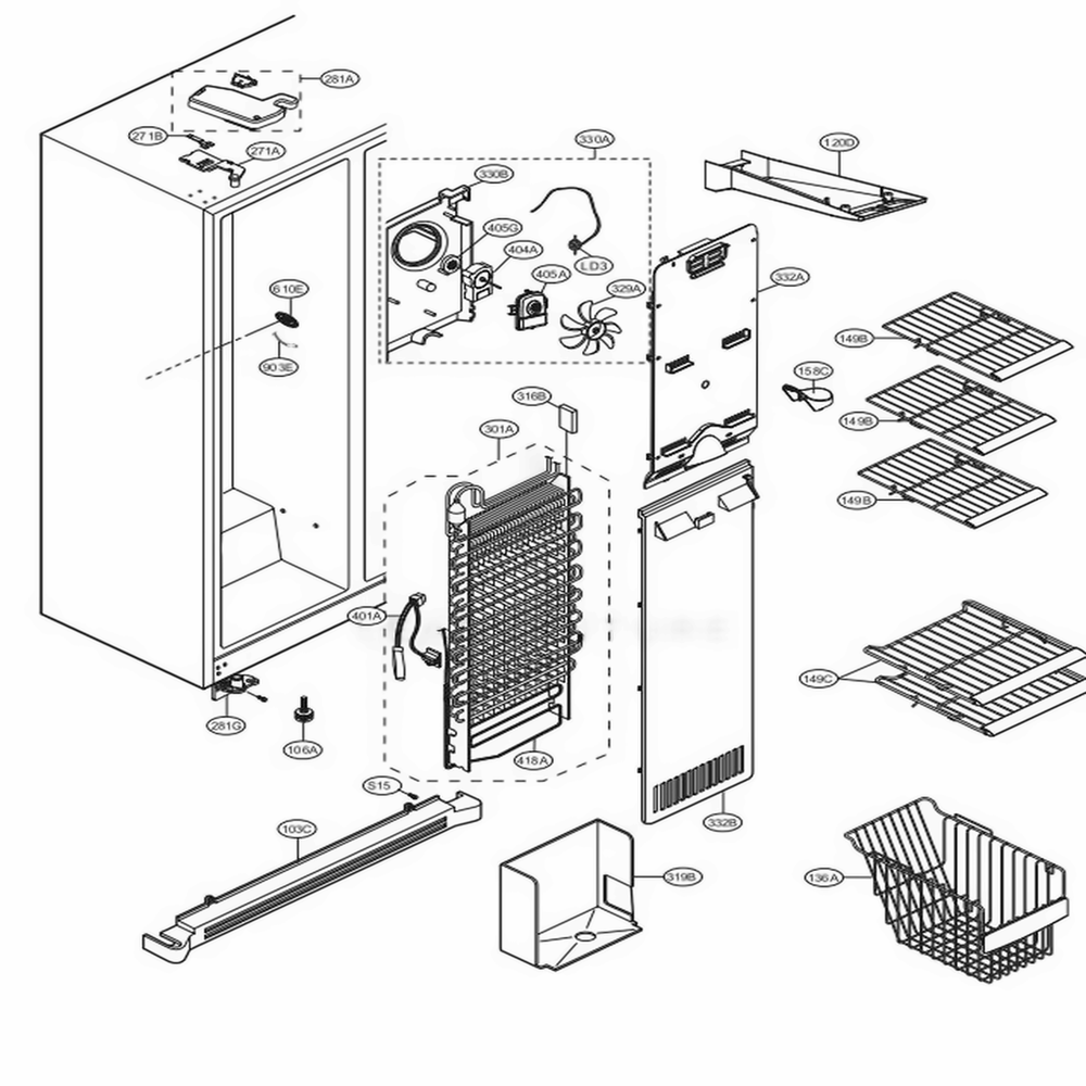 Freezer Compartment Diagram and Parts List for 51379 AWB2SER LG Refrigerator