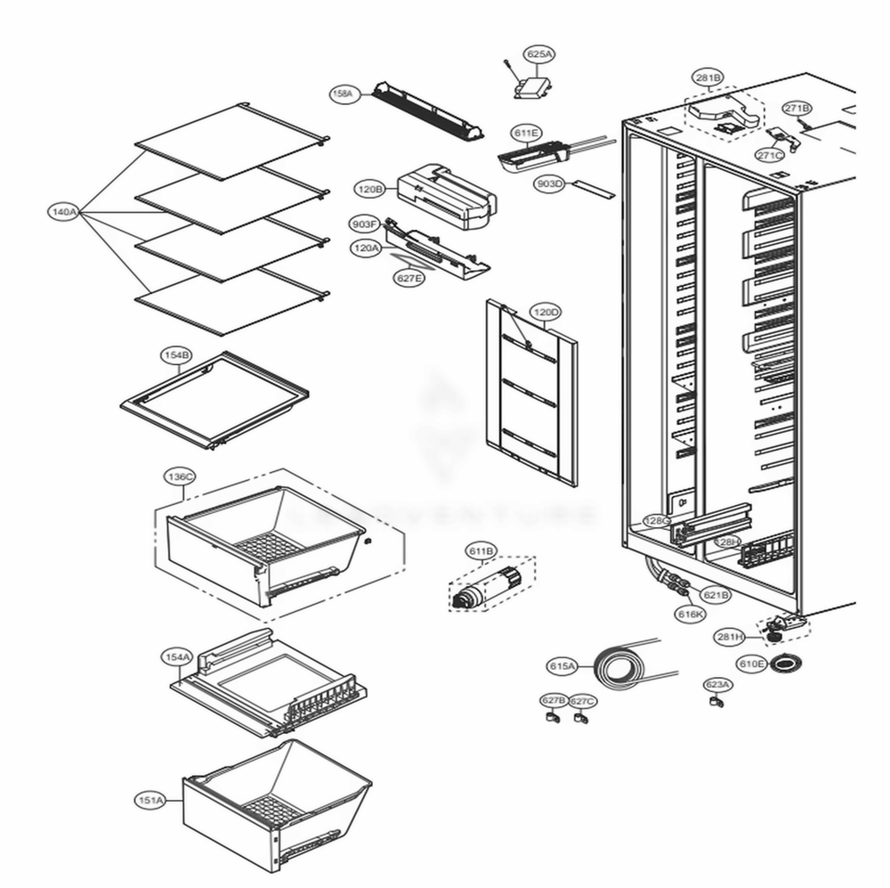 Refrigerator Compartment Diagram and Parts List for LSXC22486S ASTCNA3 LG Refrigerator