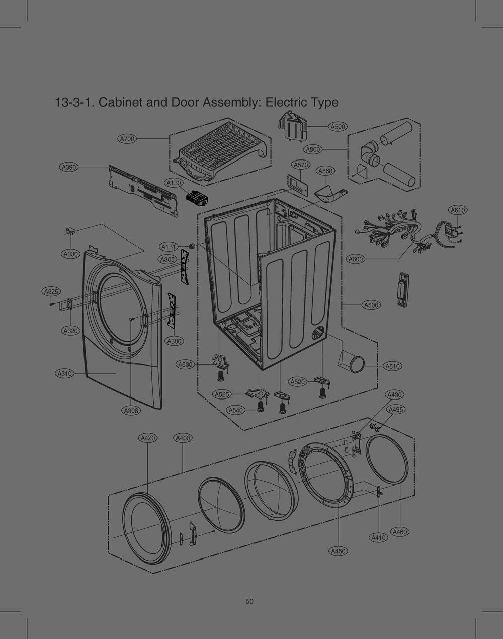Cabinet And Door Assembly Diagram and Parts List for DLE3300W ABWEEUS LG Dryer