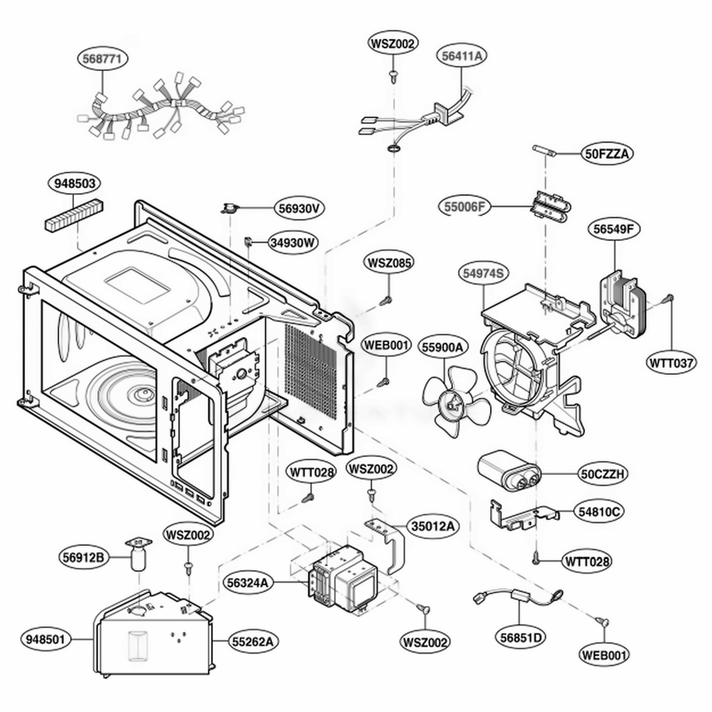 Interior Parts 1 Diagram and Parts List for LRM1250W CW1ELGA LG Wall Oven