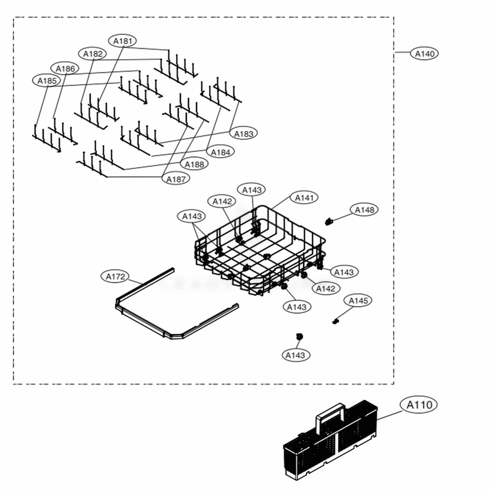 Lower Rack Assembly Diagram and Parts List for LDP7808BD ABDESNA LG Dishwasher