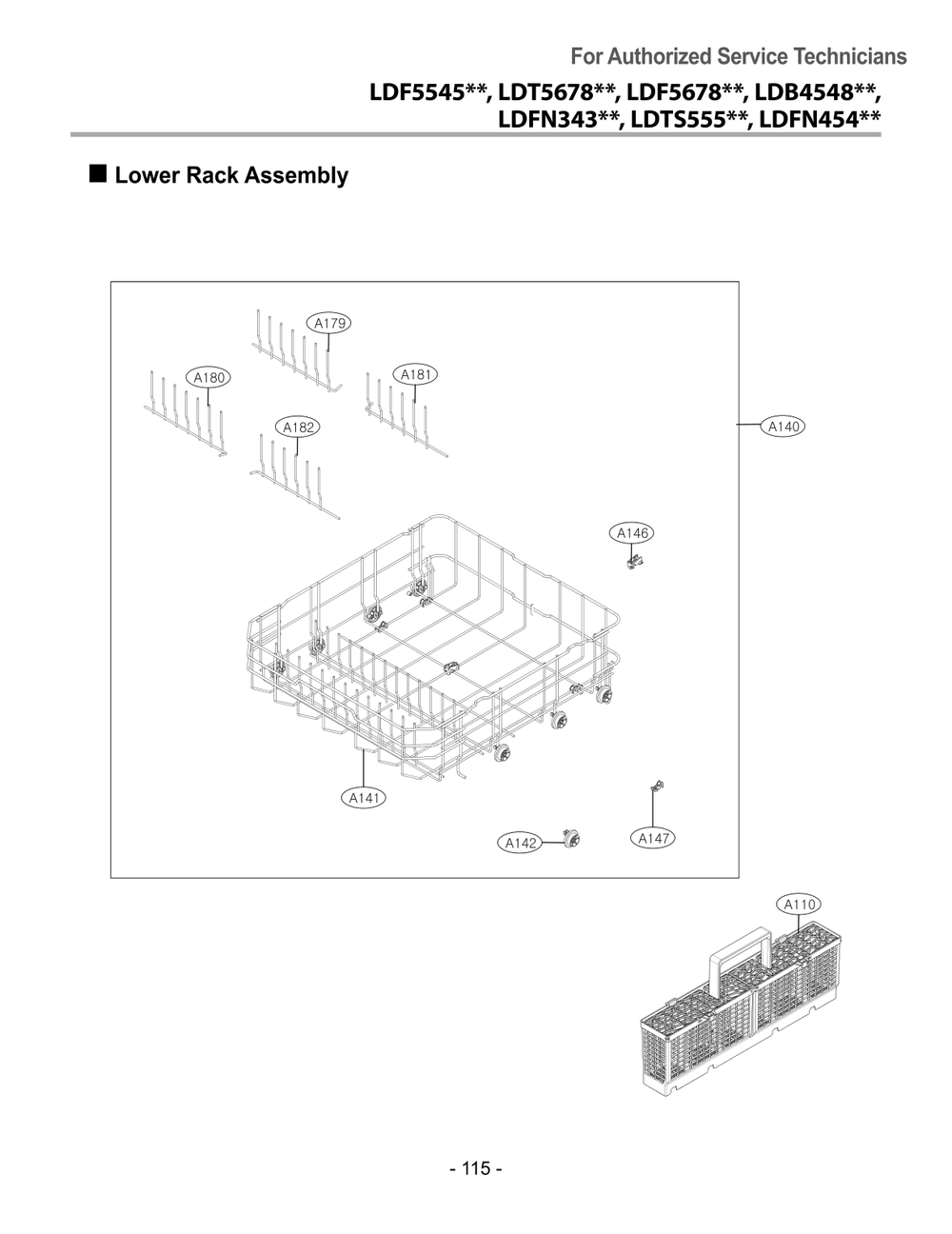 Lower Rack Assembly Diagram and Parts List for DUA513FD ABDEEUS LG Dishwasher