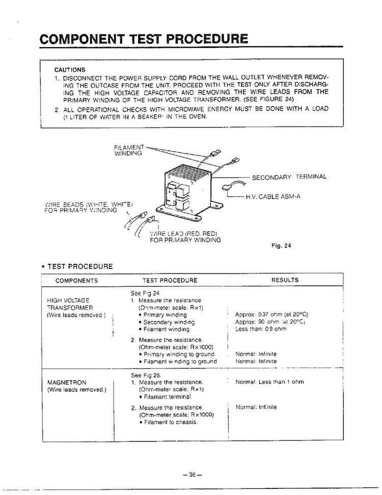 Component Test Procedure Diagram and Parts List for MH-1355M  LG Microwave
